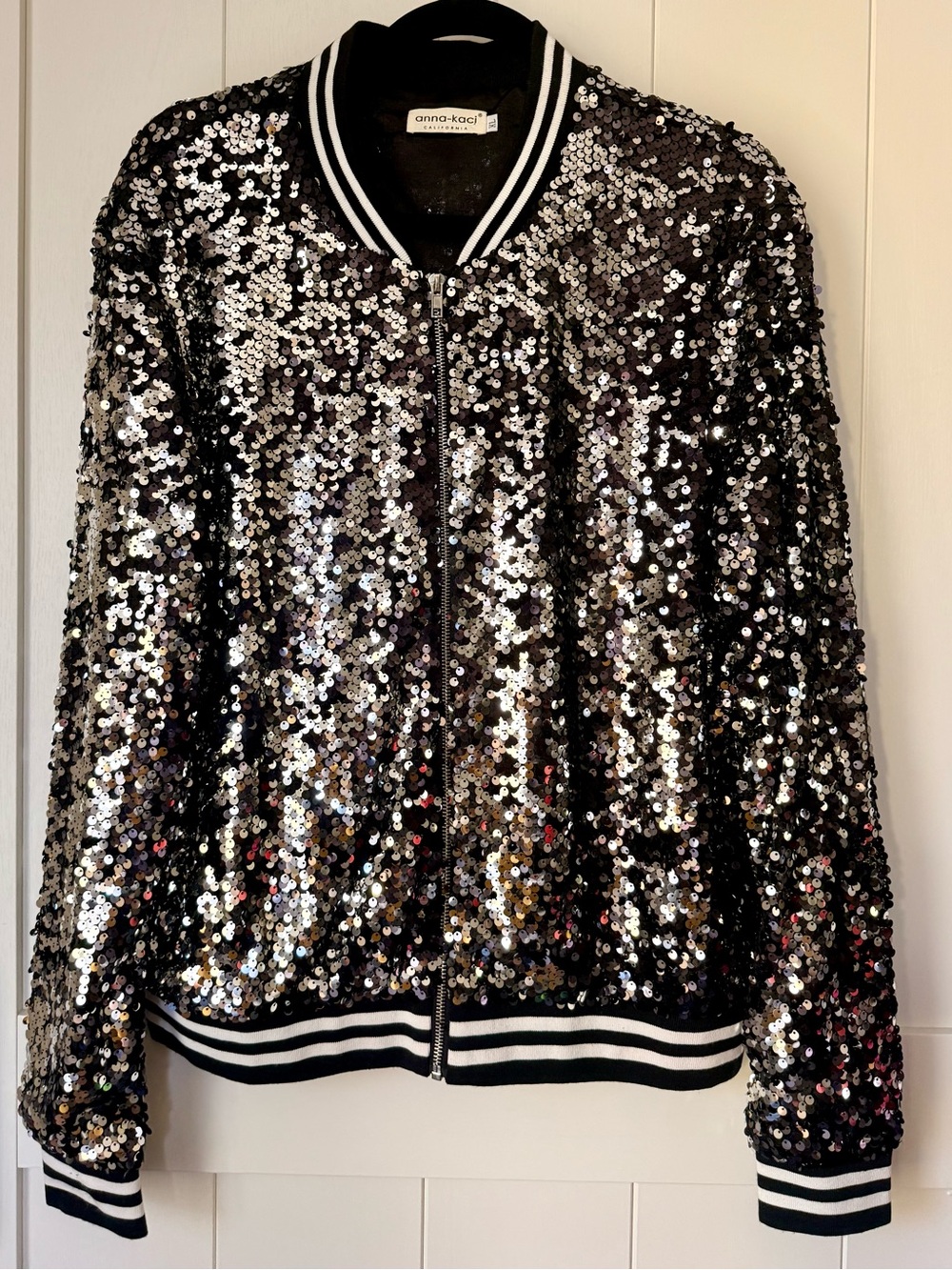 Anna-Kaci Black Sequin Bomber Jacket with Silver Accents